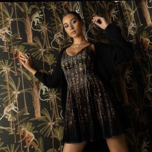 BlackMilk Faded Egyptian Hieroglyphics Velvet Longline Strappy Dress